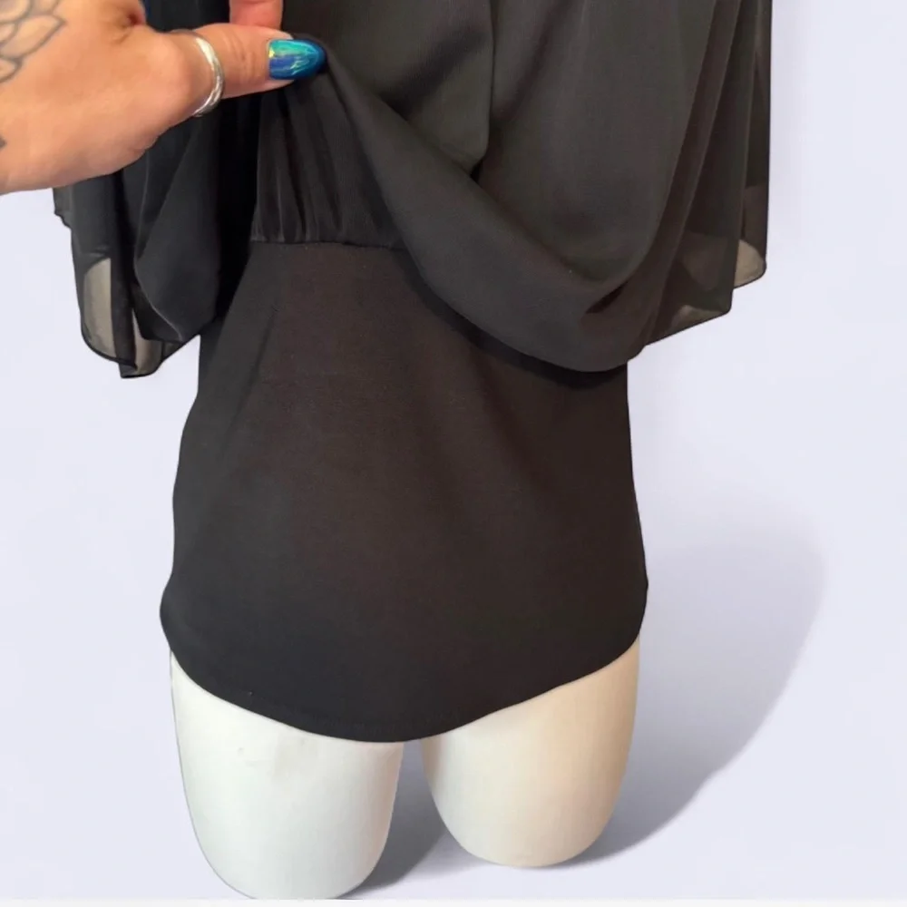 White House Black Market Black Relaxed Ruched Blouse with sheer flowey upper szM - Picture 6 of 7